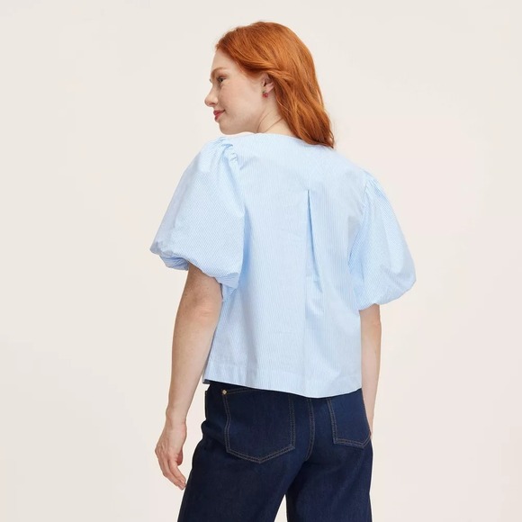 New! Kate Spade x Target Size Small Stripe Puff Short Sleeve Blouse Shirt Blue S - Picture 2 of 7
